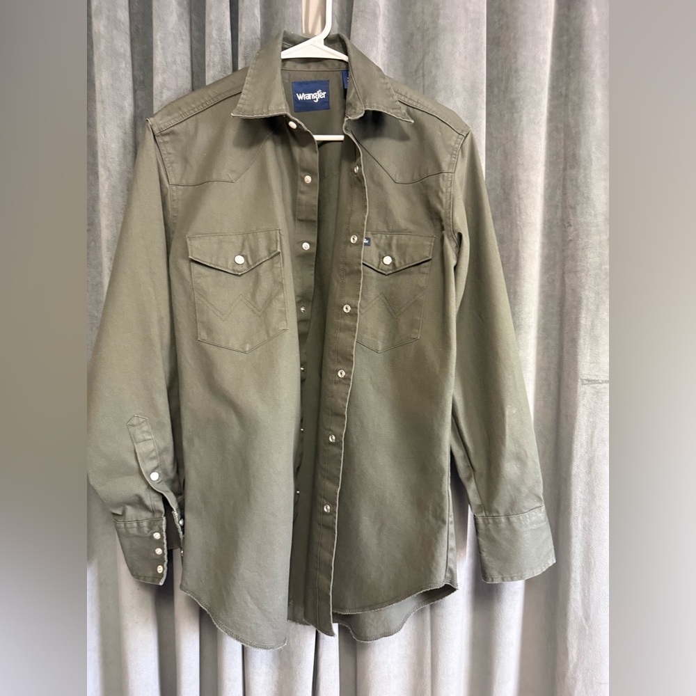 Wrangler Men's Olive Green Shirt Cowboy Cut Firm Finish Cotton LS Western